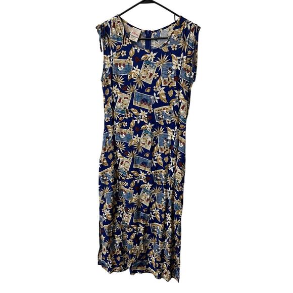 Disney Store Maxi Dress‎ Size M Mickey Minnie Blue Tiki Beach Tropical Hawaiian - Picture 1 of 10